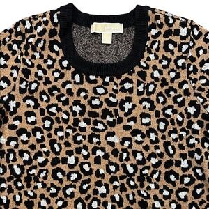 Michael Michael Kors Womens Leopard Print Short Sleeve Knit Sweater Tan Black M